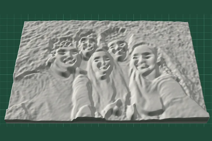 Brightness heightmap of the selfie: the grass becomes rough noise and the faces are flat