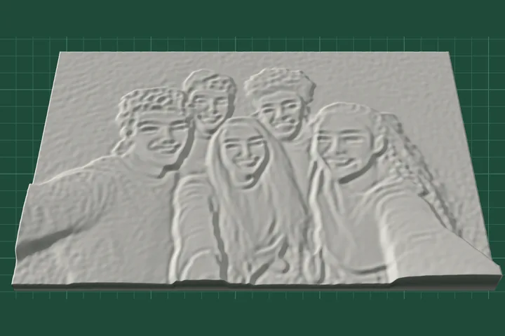 PictoSculpt hybrid relief of the selfie: a calm background with the five faces raised