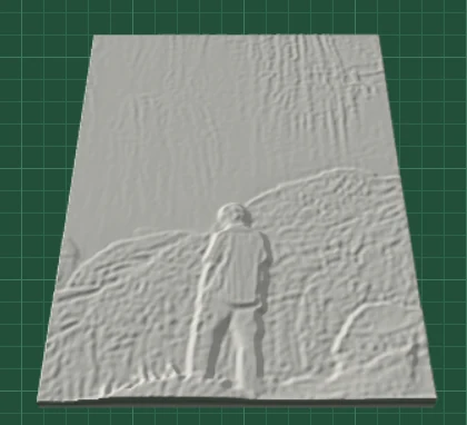 PictoSculpt hybrid relief of the same photo: the waterfall lies flat behind and the person stands out from the rocks